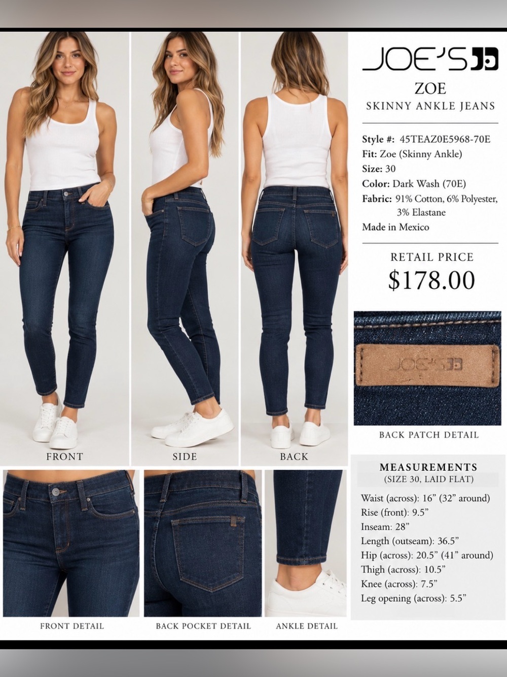 Joe's Jeans Zoe Skinny Ankle Jeans - Dark Blue, Size 30